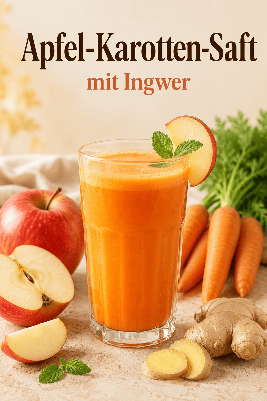 Apfel-Karotten-Saft mit Ingwer, frischen Äpfeln und Karotten.