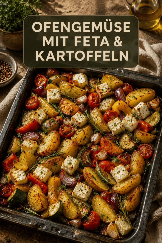 Knuspriges Ofengemüse mit goldbraunen Kartoffeln, buntem Gemüse und Feta, präsentiert als appetitliches vegetarisches Ofengericht.