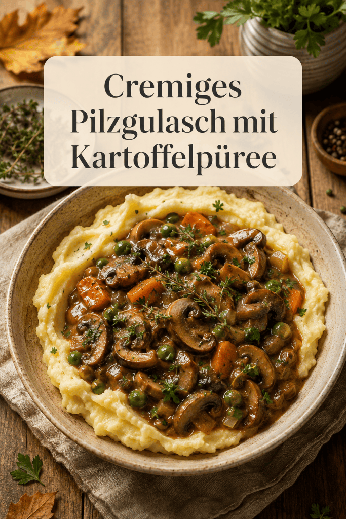 Cremiges veganes Pilzgulasch mit Kartoffelpüree, Champignons, Karotten und Erbsen
