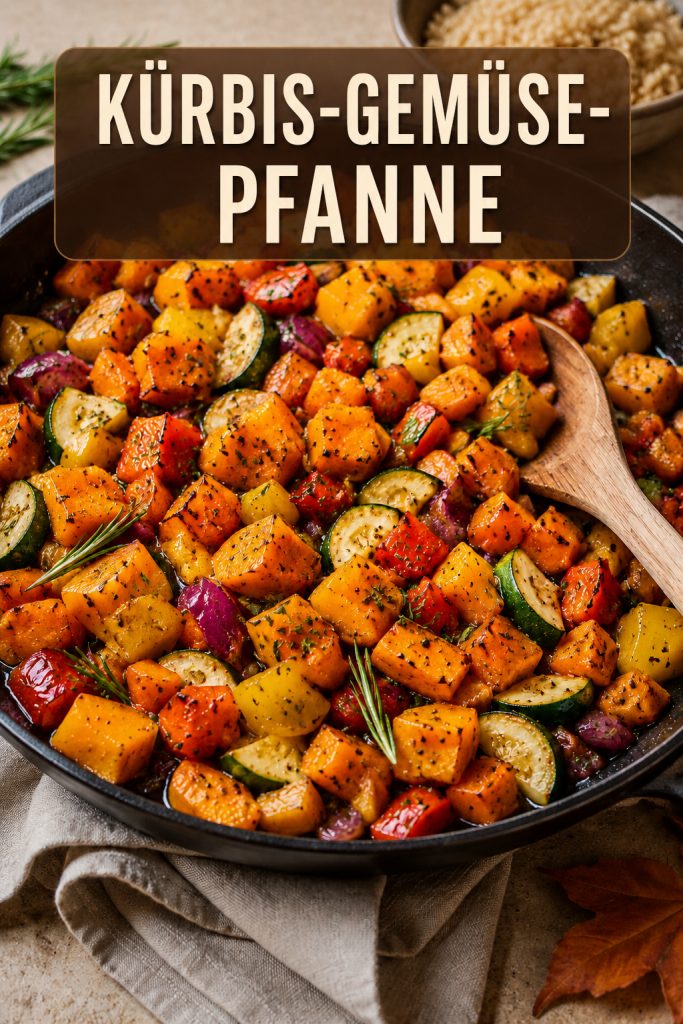**Texte alternatif :** Bunte Kürbis-Gemüse-Pfanne mit Paprika, Zucchini, roten Zwiebeln und Rosmarin, serviert in einer schwarzen Pfanne mit Vollkornreis.